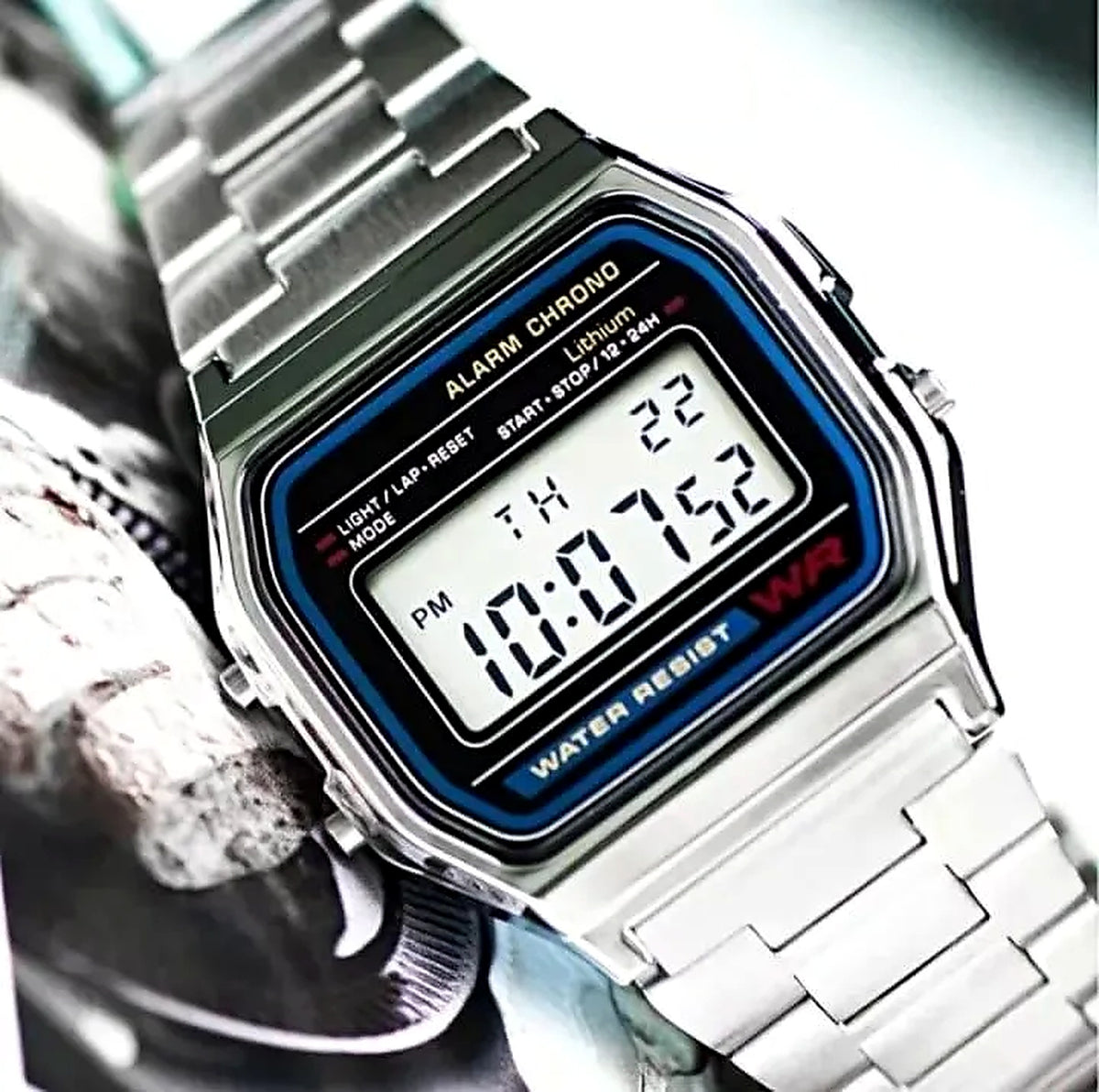 Stainless Steel Digital Watch for Men Silver Water Resistant